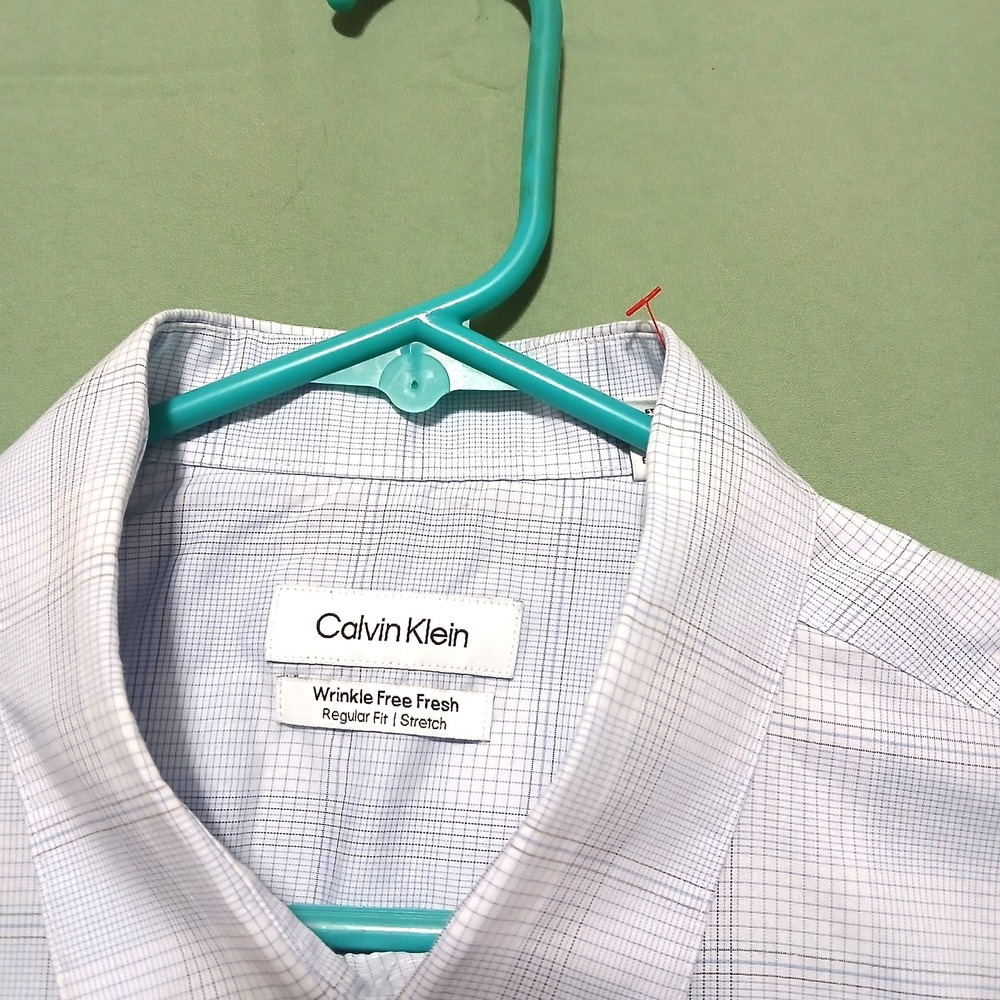 Calvin Klein Dress Shirt Men's XL 17-17.5 Blue Non-Iron Slim Fit Stretch